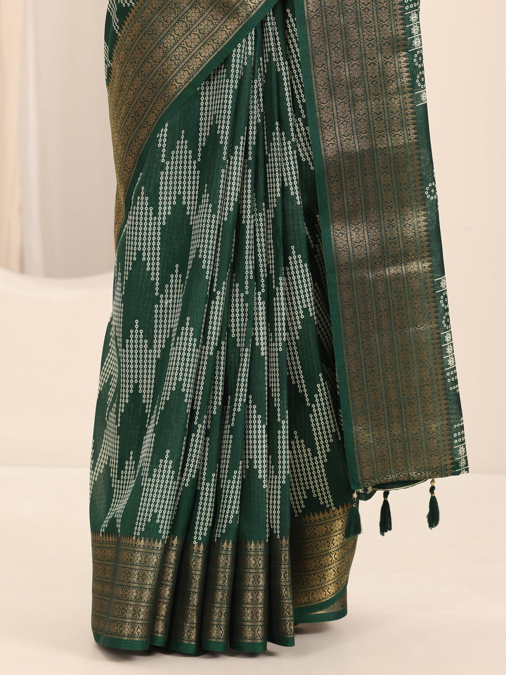 Green Printed Silk Blend Saree With Unstitched Blouse Piece
