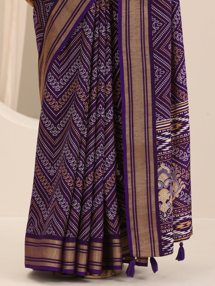 Purple Printed Silk Blend Saree With Unstitched Blouse Piece