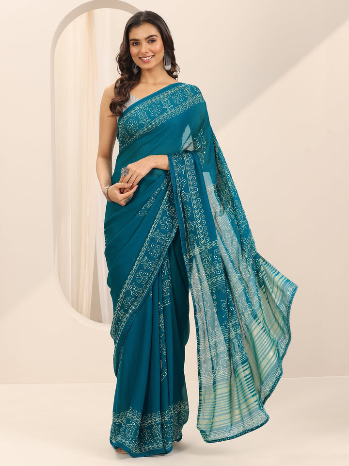 Teal Printed Georgette Saree With Unstitched Blouse Piece