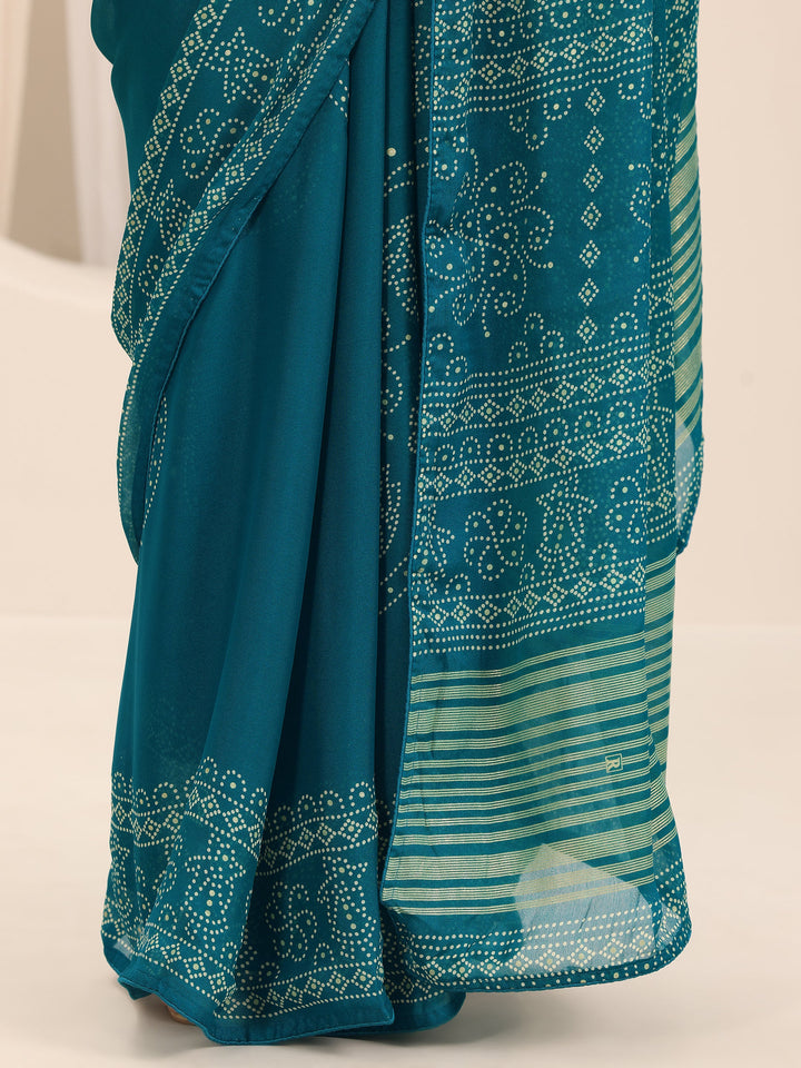 Teal Printed Georgette Saree With Unstitched Blouse Piece