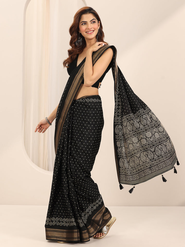 Black Printed Silk Blend Saree With Unstitched Blouse Piece