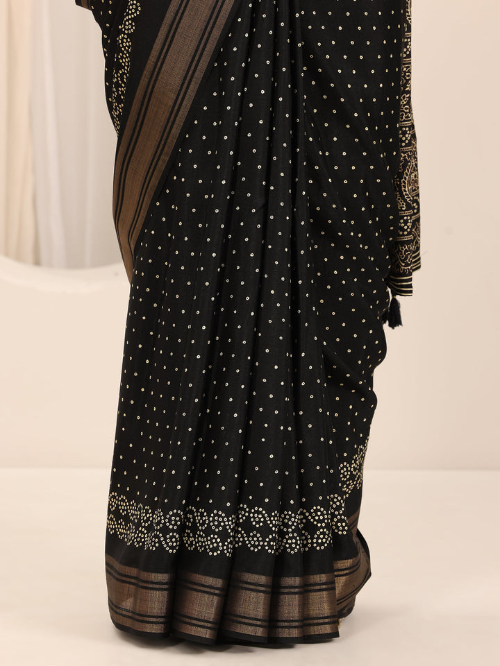 Black Printed Silk Blend Saree With Unstitched Blouse Piece