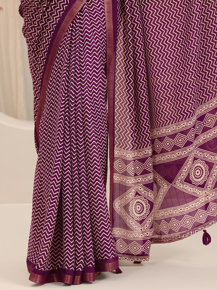 Wine Printed Georgette Saree With Unstitched Blouse Piece