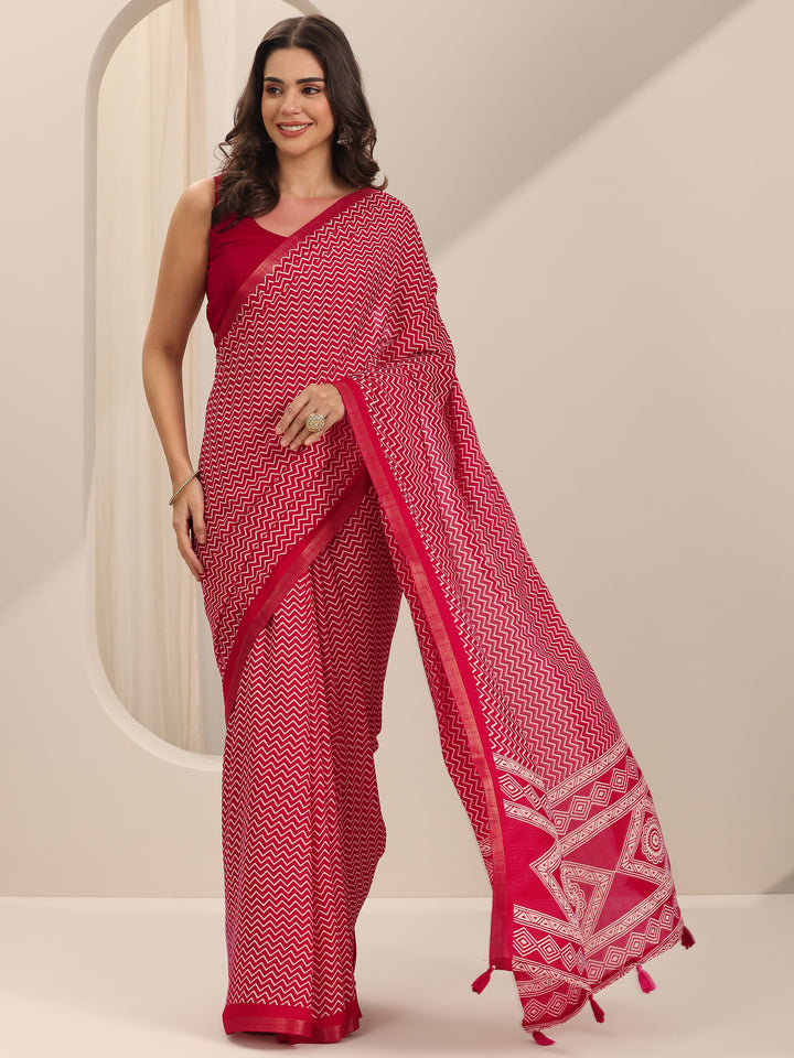 Red Printed Georgette Saree With Unstitched Blouse Piece