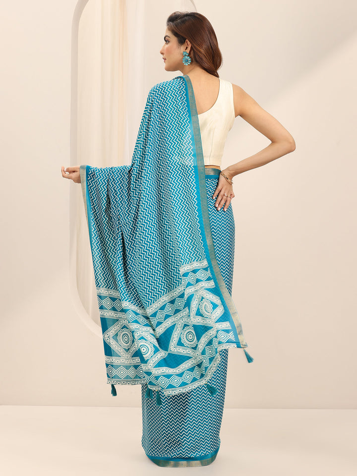 Teal Printed Georgette Saree With Unstitched Blouse Piece