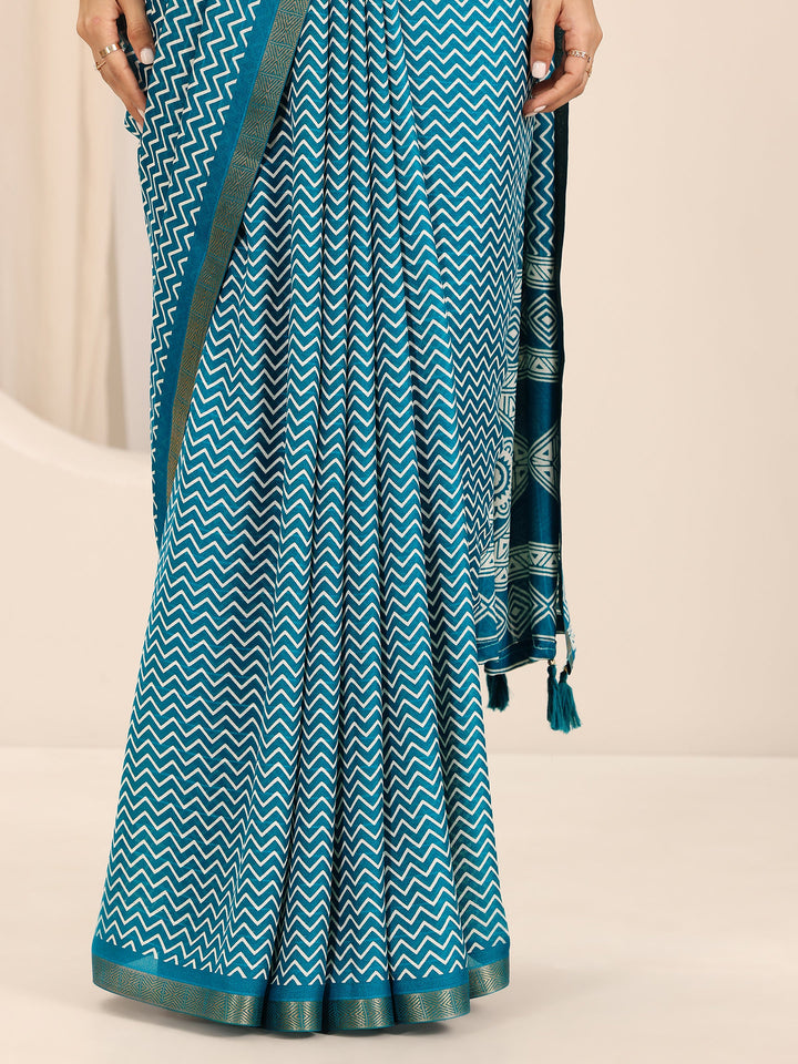 Teal Printed Georgette Saree With Unstitched Blouse Piece