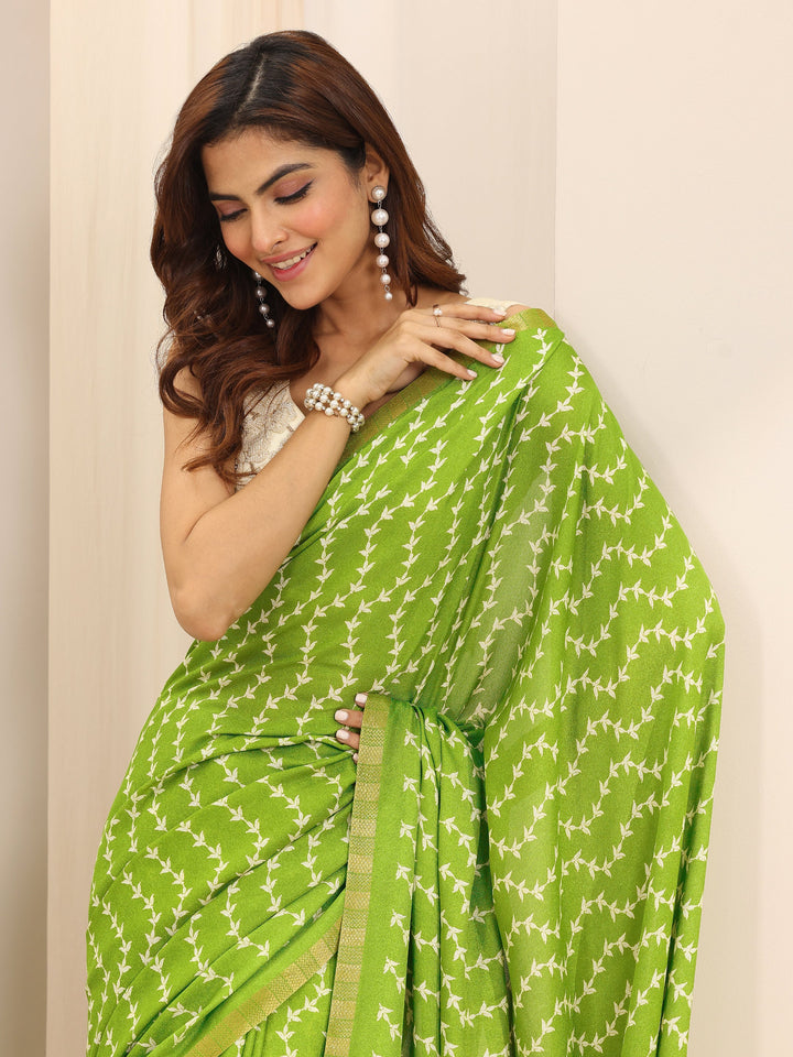 Light Green Printed Georgette Saree With Unstitched Blouse Piece