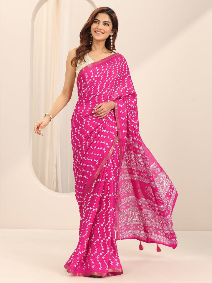Pink Printed Georgette Saree With Unstitched Blouse Piece