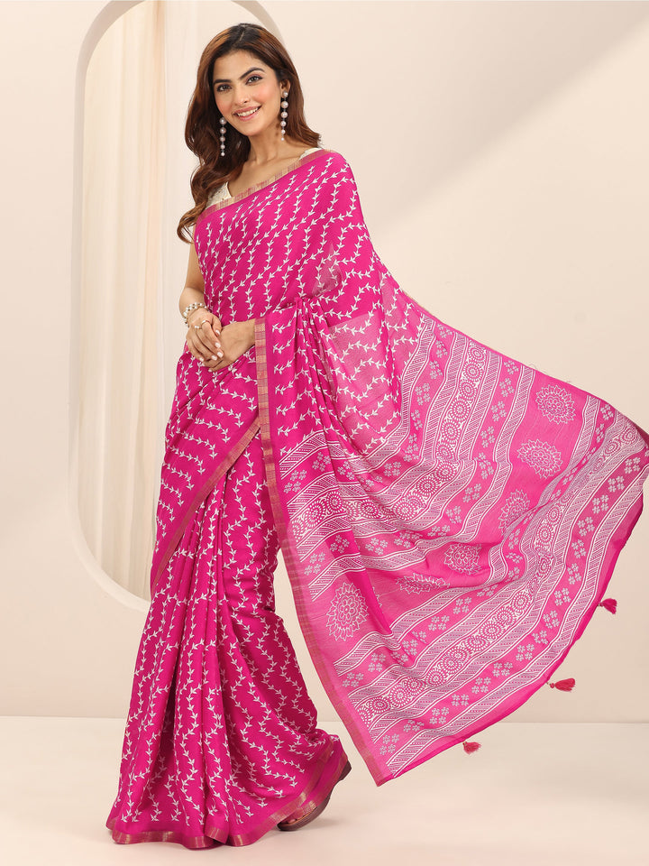 Pink Printed Georgette Saree With Unstitched Blouse Piece