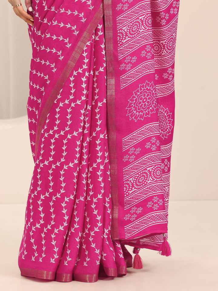 Pink Printed Georgette Saree With Unstitched Blouse Piece