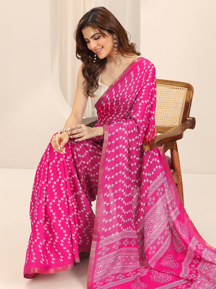 Pink Printed Georgette Saree With Unstitched Blouse Piece
