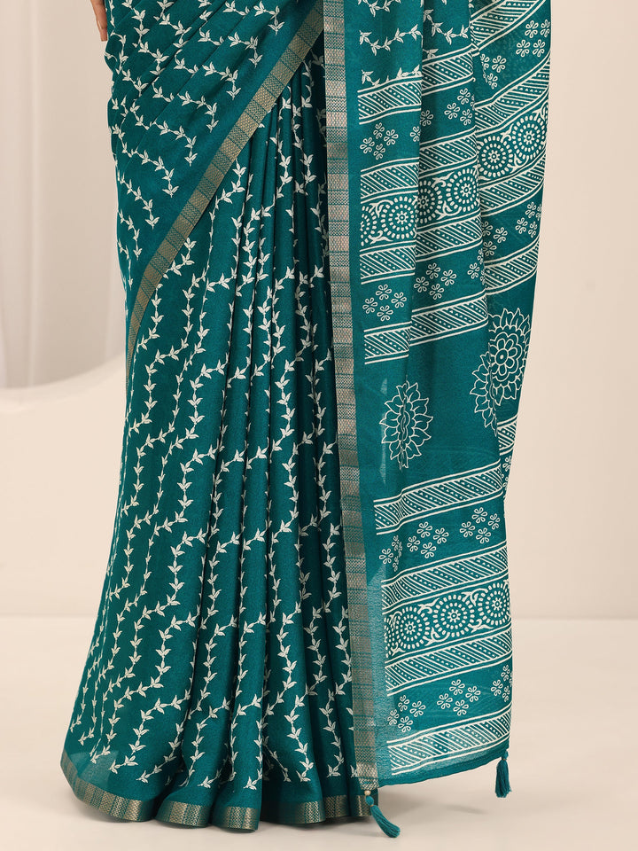 Teal Printed Georgette Saree With Unstitched Blouse Piece