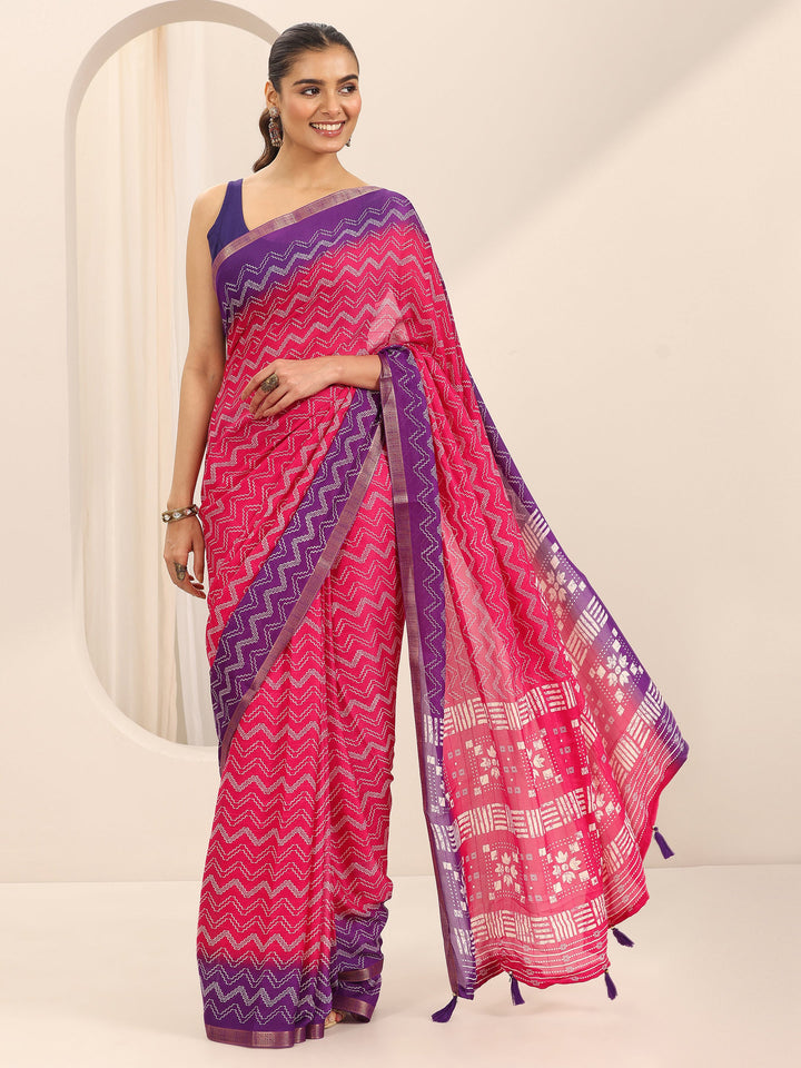 Pink Printed Georgette Saree With Unstitched Blouse Piece