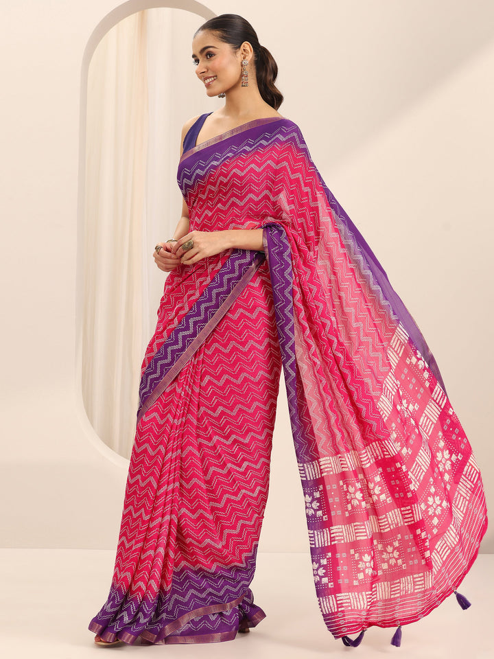 Pink Printed Georgette Saree With Unstitched Blouse Piece