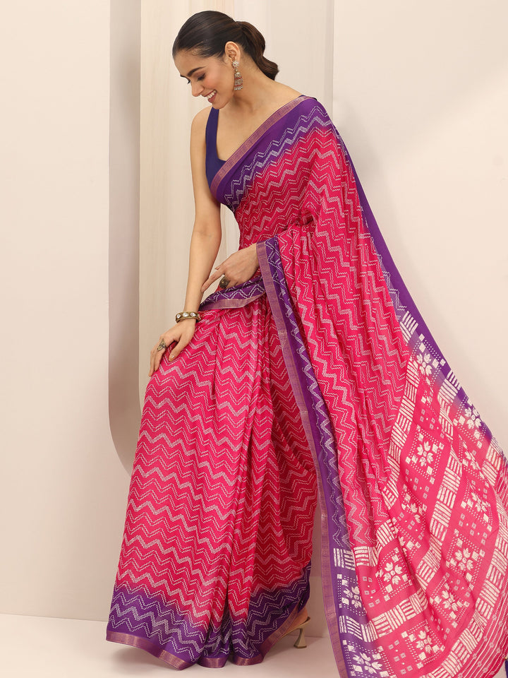 Pink Printed Georgette Saree With Unstitched Blouse Piece