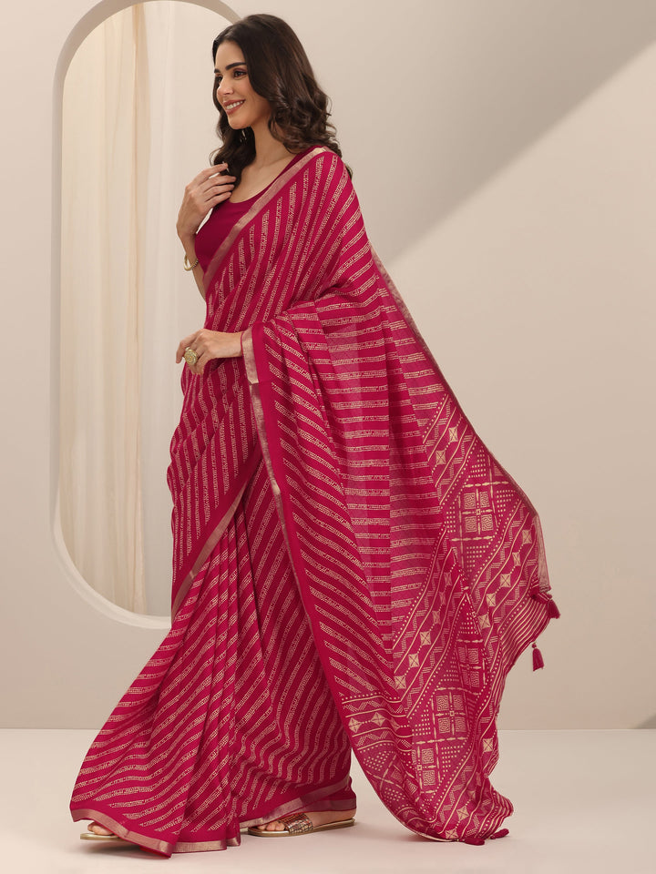 Pink Printed Georgette Saree With Unstitched Blouse Piece