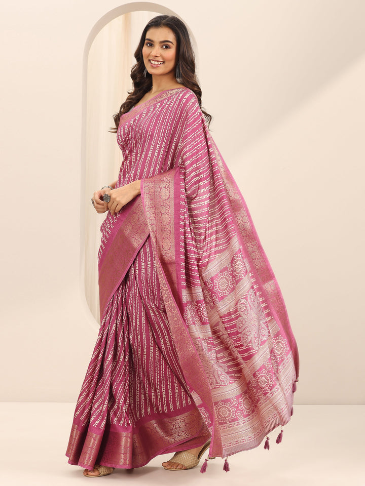 Pink Printed Silk Blend Saree With Unstitched Blouse Piece