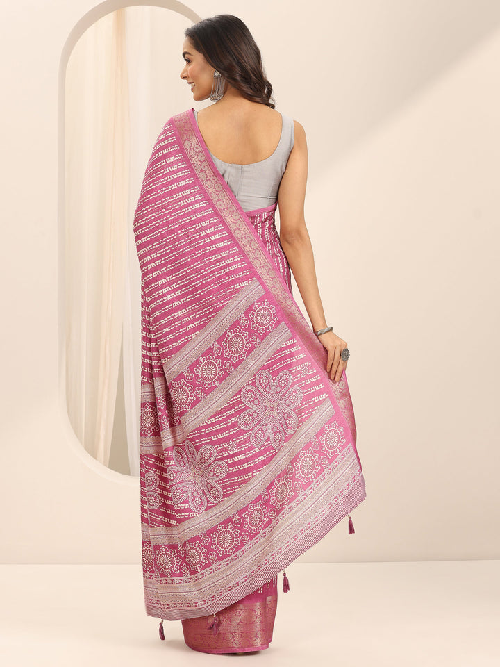 Pink Printed Silk Blend Saree With Unstitched Blouse Piece