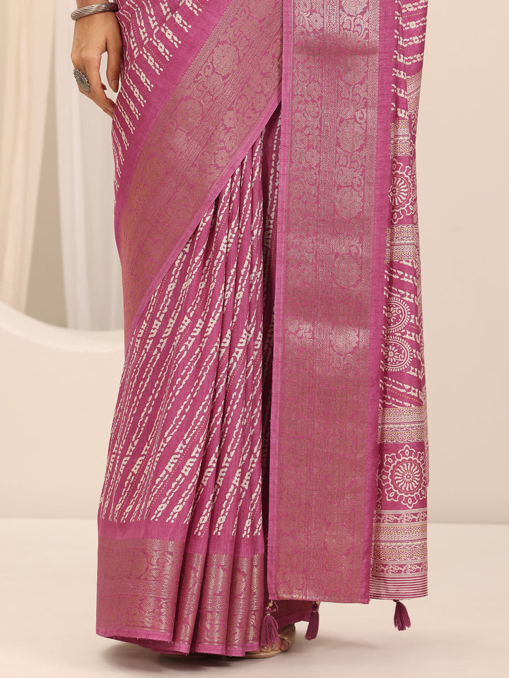 Pink Printed Silk Blend Saree With Unstitched Blouse Piece