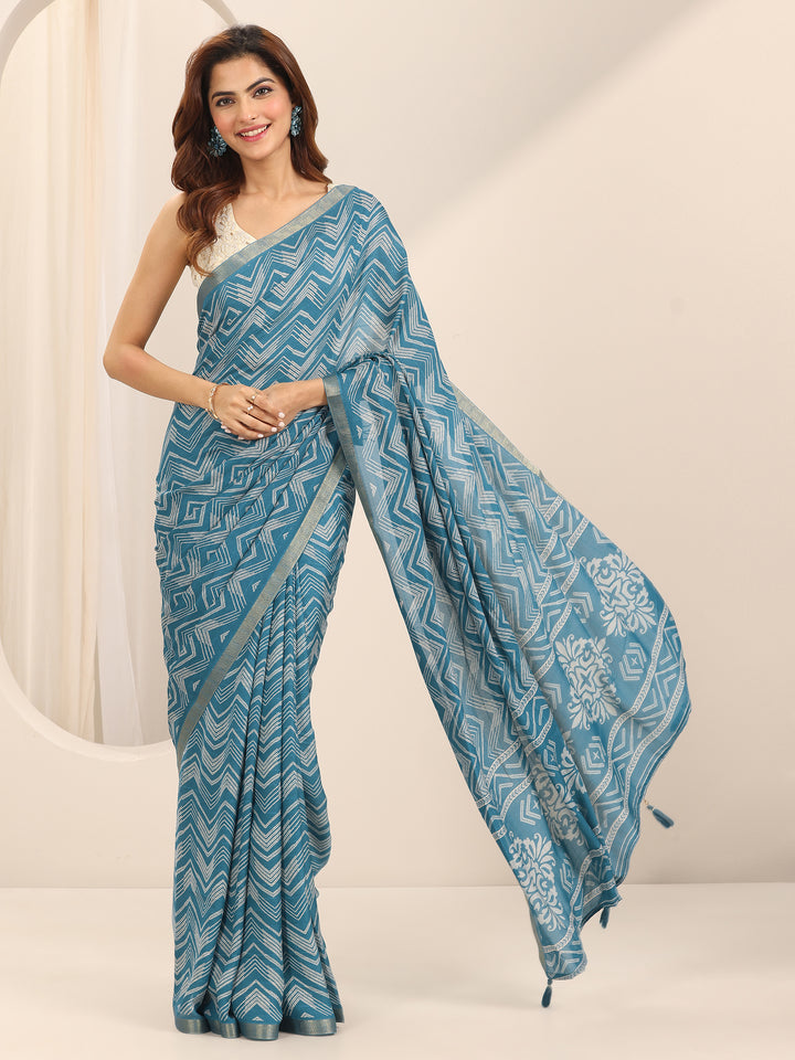 Turquoise Printed Georgette Saree With Unstitched Blouse Piece