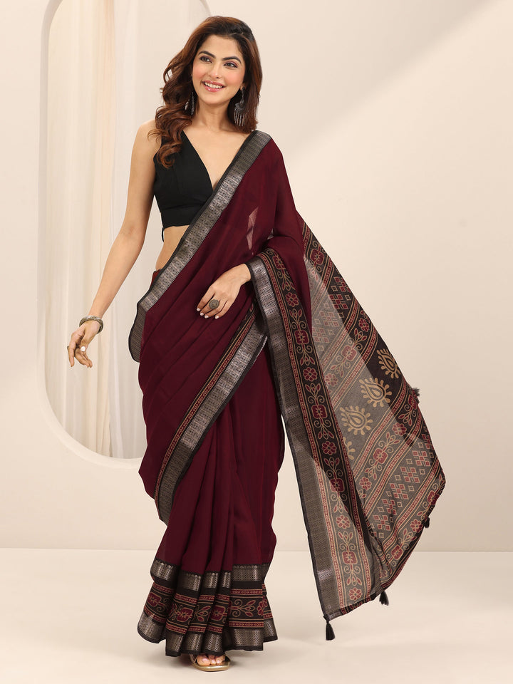 Maroon Solid Cotton Silk Saree With Unstitched Blouse Piece