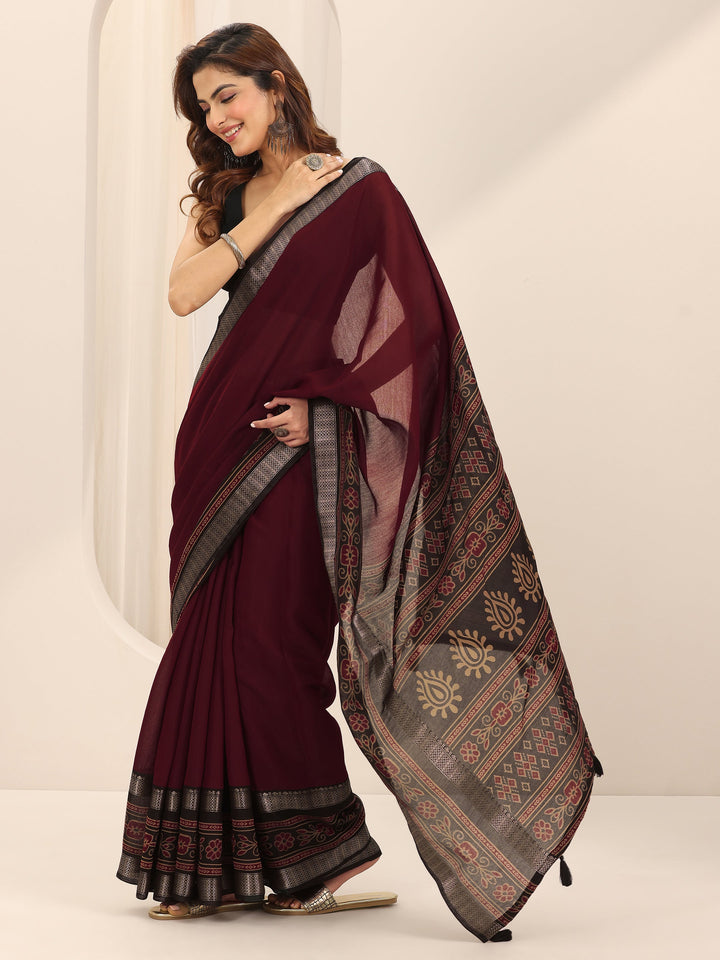 Maroon Solid Cotton Silk Saree With Unstitched Blouse Piece