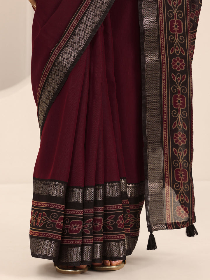 Maroon Solid Cotton Silk Saree With Unstitched Blouse Piece