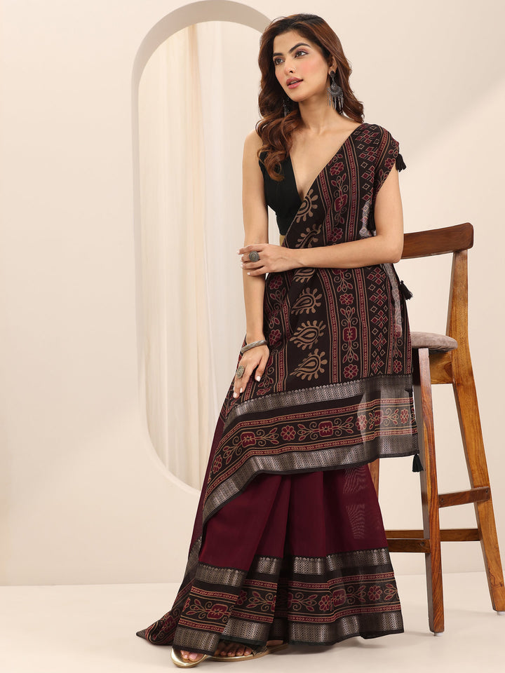 Maroon Solid Cotton Silk Saree With Unstitched Blouse Piece