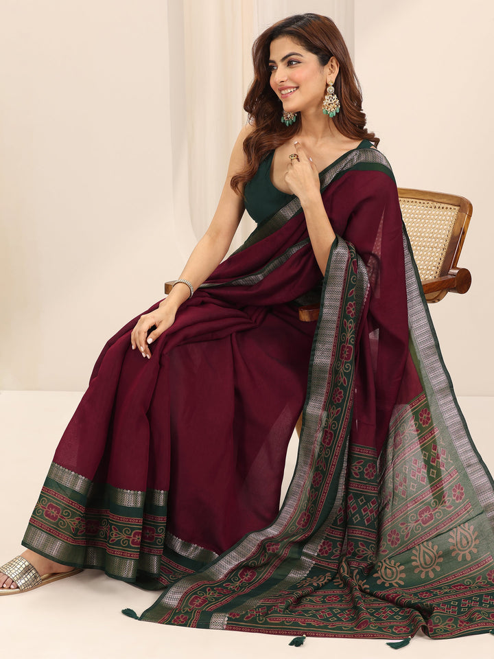 Red Solid Cotton Silk Saree With Unstitched Blouse Piece