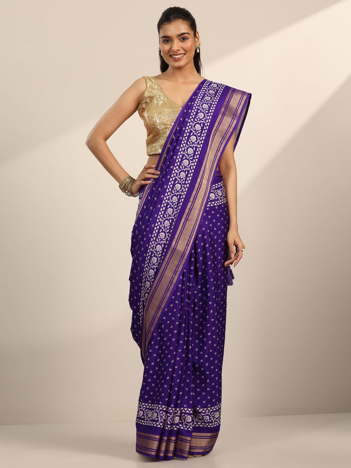 Purple Printed Silk Blend Saree With Unstitched Blouse Piece