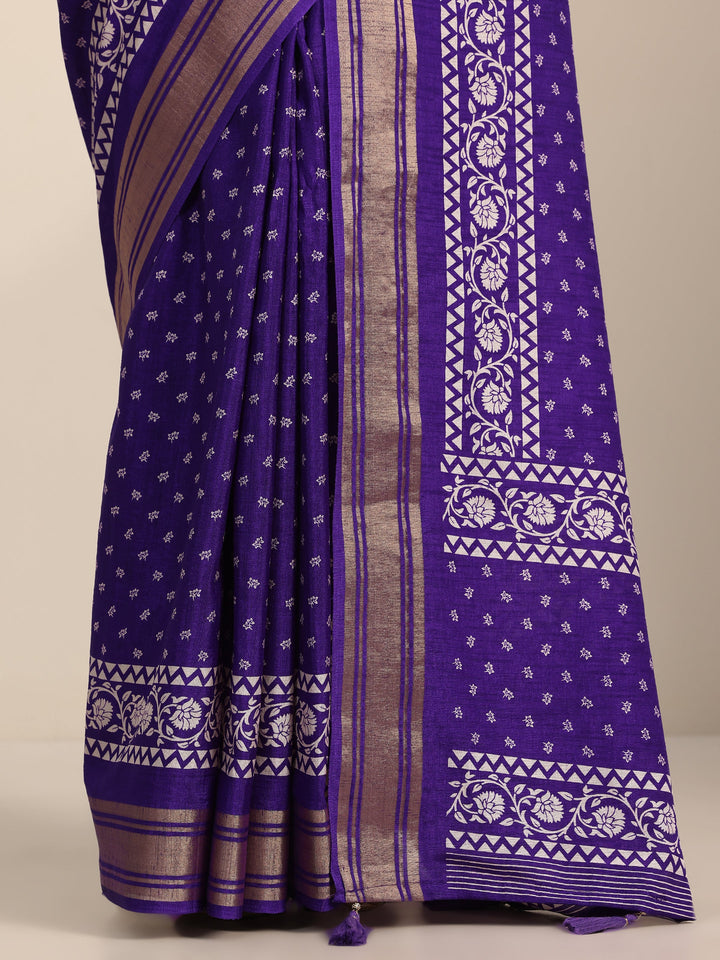 Purple Printed Silk Blend Saree With Unstitched Blouse Piece
