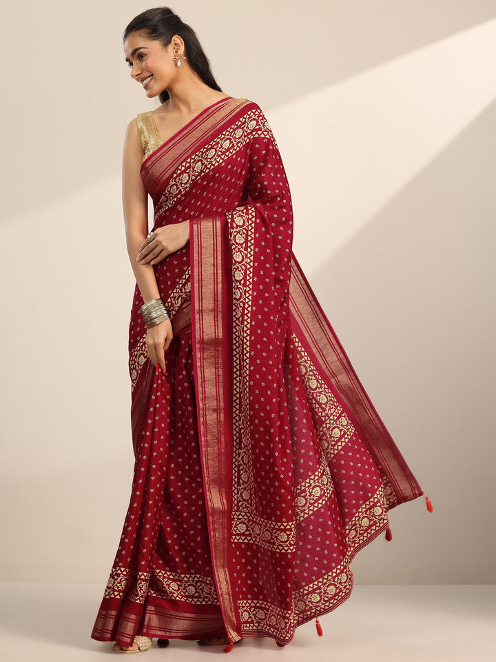 Red Printed Silk Blend Saree With Unstitched Blouse Piece