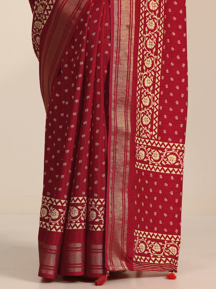 Red Printed Silk Blend Saree With Unstitched Blouse Piece