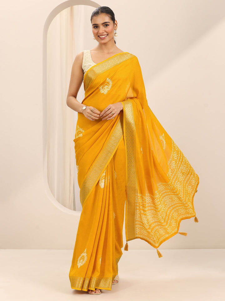 Mustard Printed Georgette Saree With Unstitched Blouse Piece