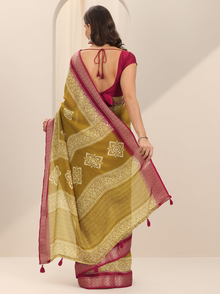 Mustard Printed Georgette Saree With Unstitched Blouse Piece
