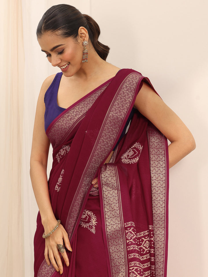 Red Printed Georgette Saree With Unstitched Blouse Piece