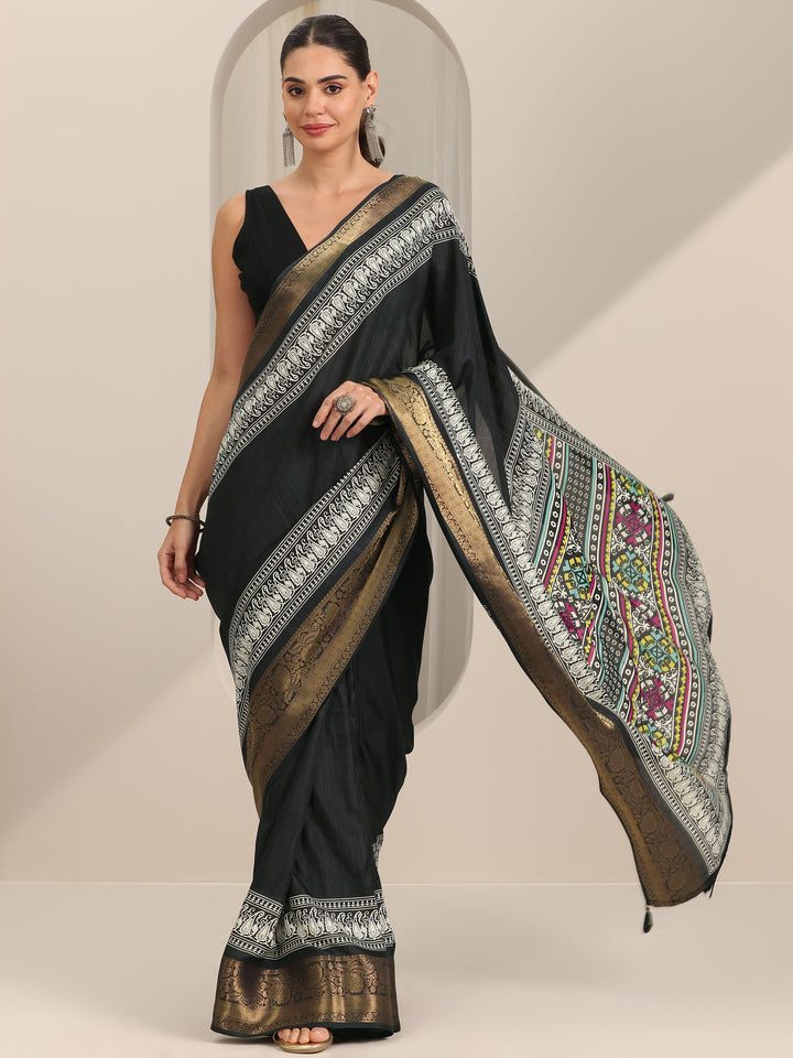 Black Solid Silk Blend Saree With Unstitched Blouse Piece