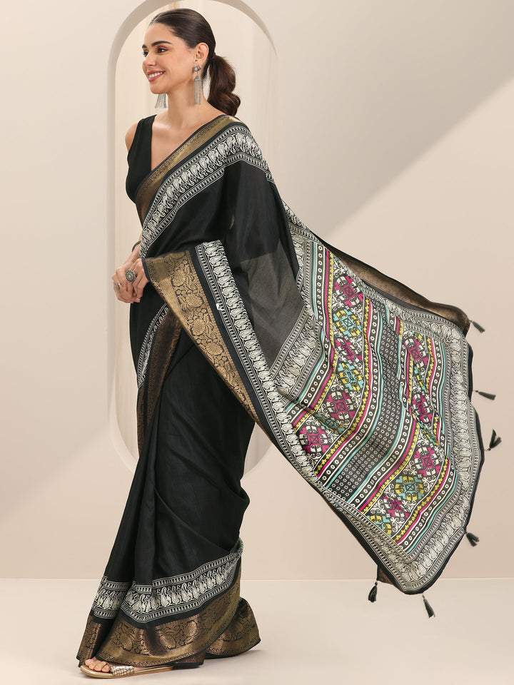Black Solid Silk Blend Saree With Unstitched Blouse Piece