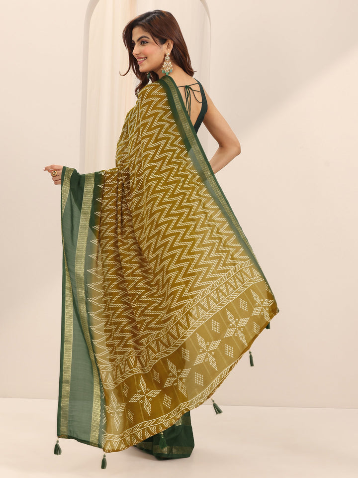 Mustard Printed Georgette Saree With Unstitched Blouse Piece