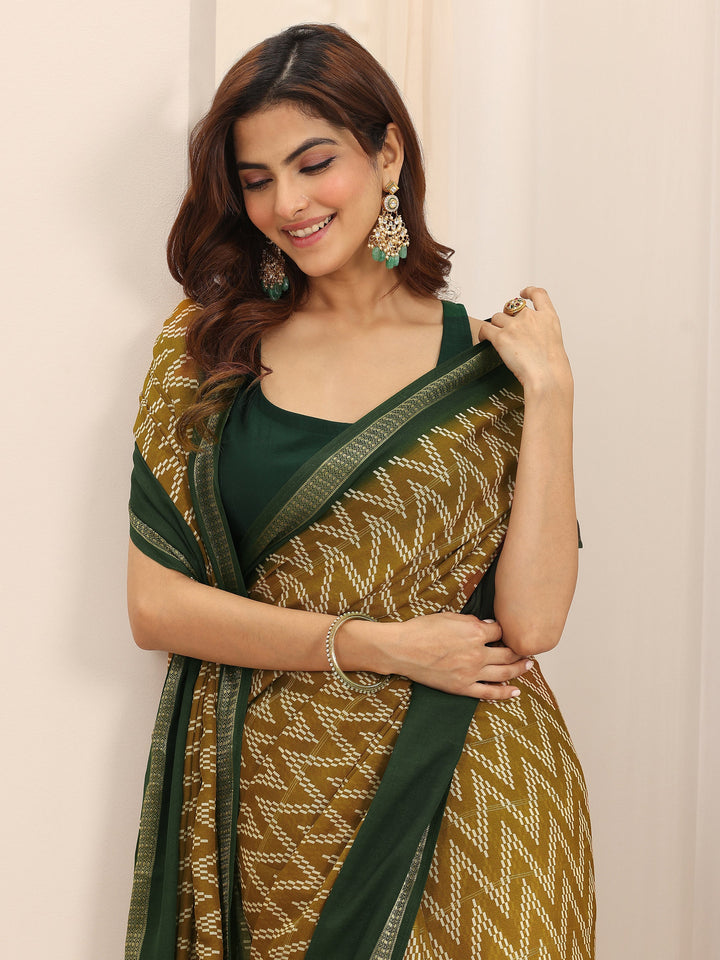 Mustard Printed Georgette Saree With Unstitched Blouse Piece