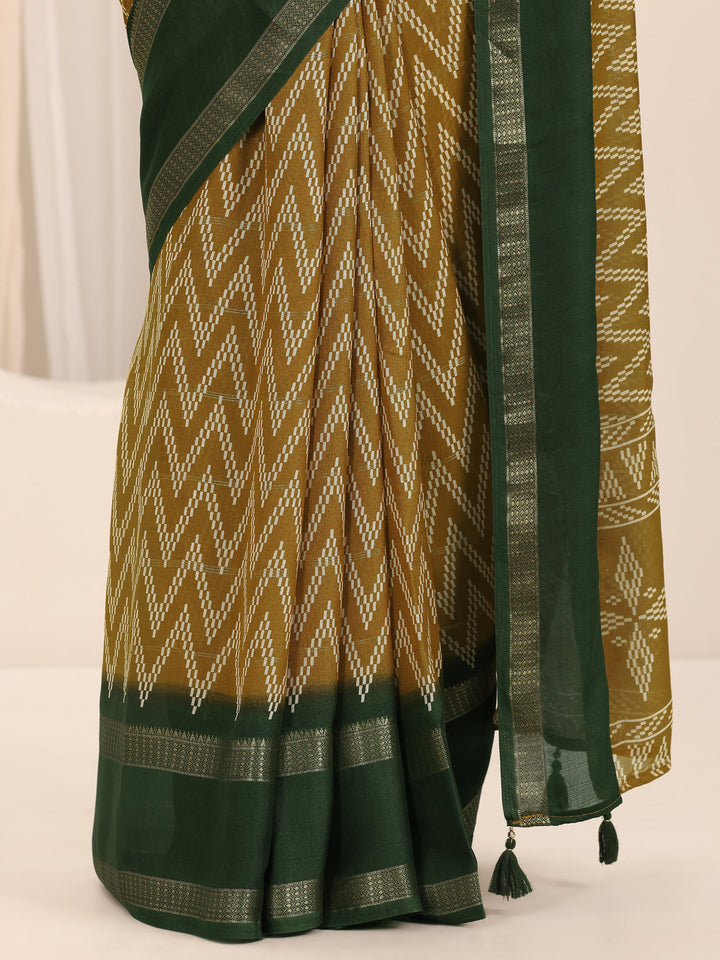 Mustard Printed Georgette Saree With Unstitched Blouse Piece