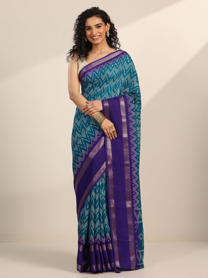 Teal Printed Georgette Saree With Unstitched Blouse Piece
