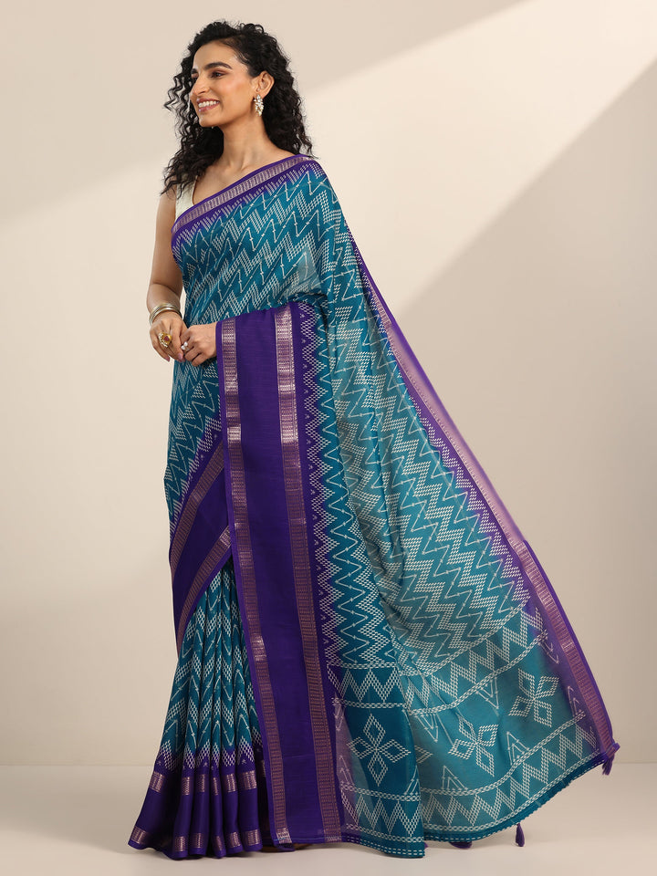 Teal Printed Georgette Saree With Unstitched Blouse Piece