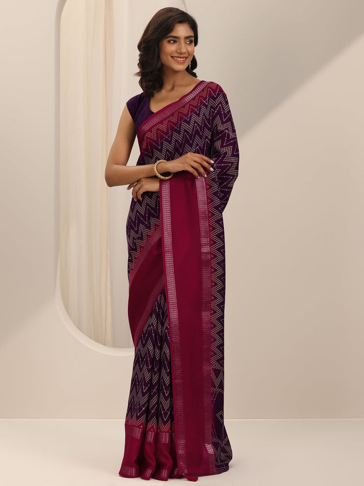 Wine Printed Georgette Saree With Unstitched Blouse Piece