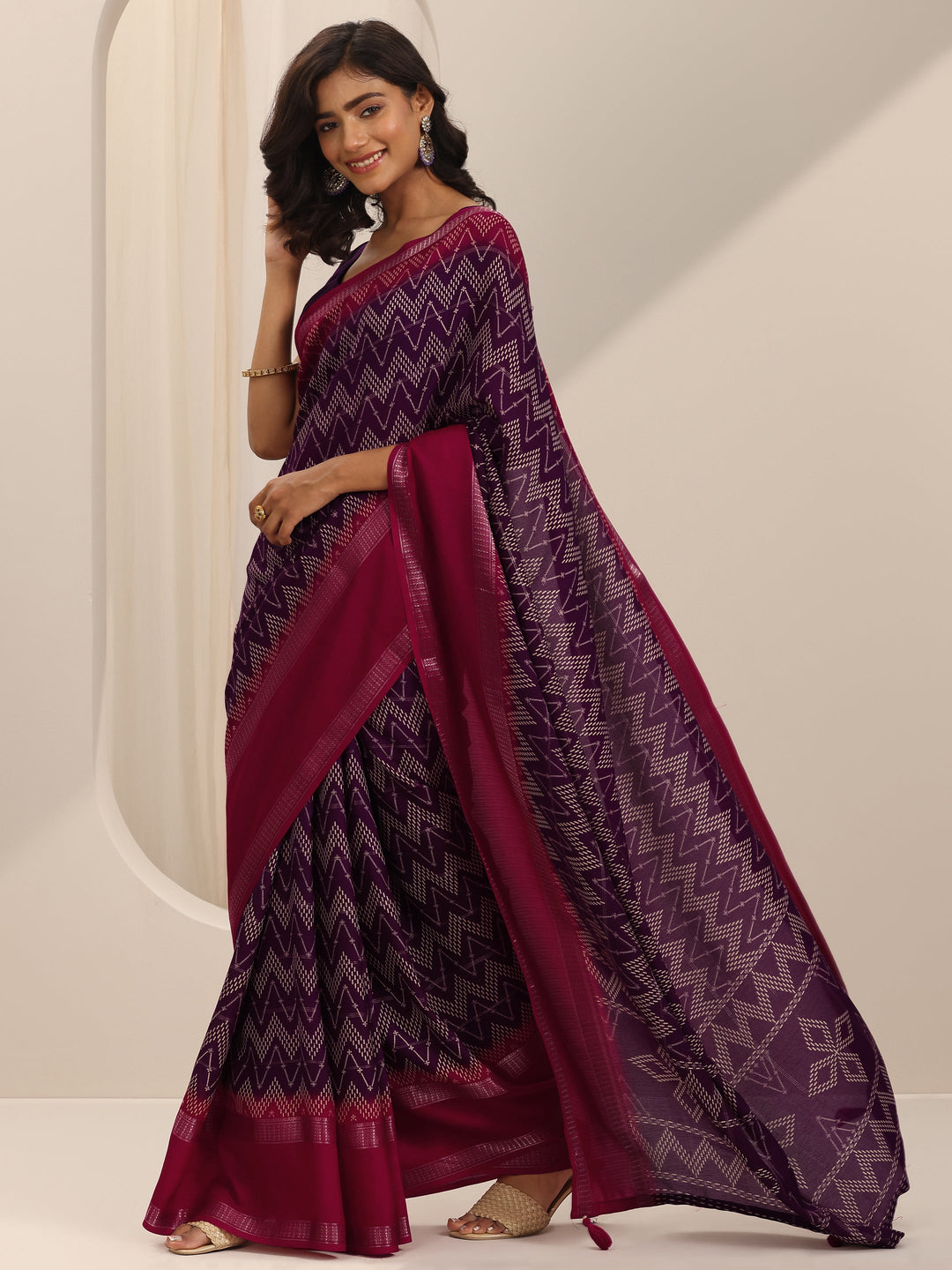 Wine Printed Georgette Saree With Unstitched Blouse Piece
