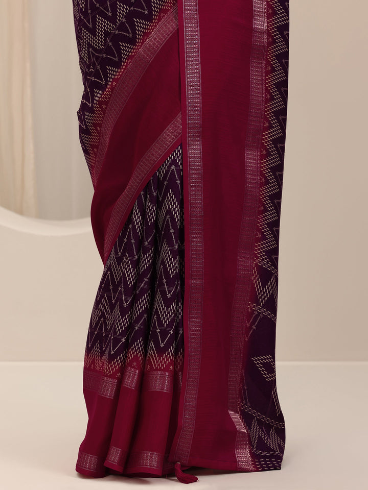 Wine Printed Georgette Saree With Unstitched Blouse Piece