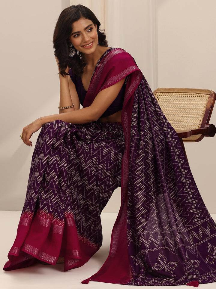 Wine Printed Georgette Saree With Unstitched Blouse Piece