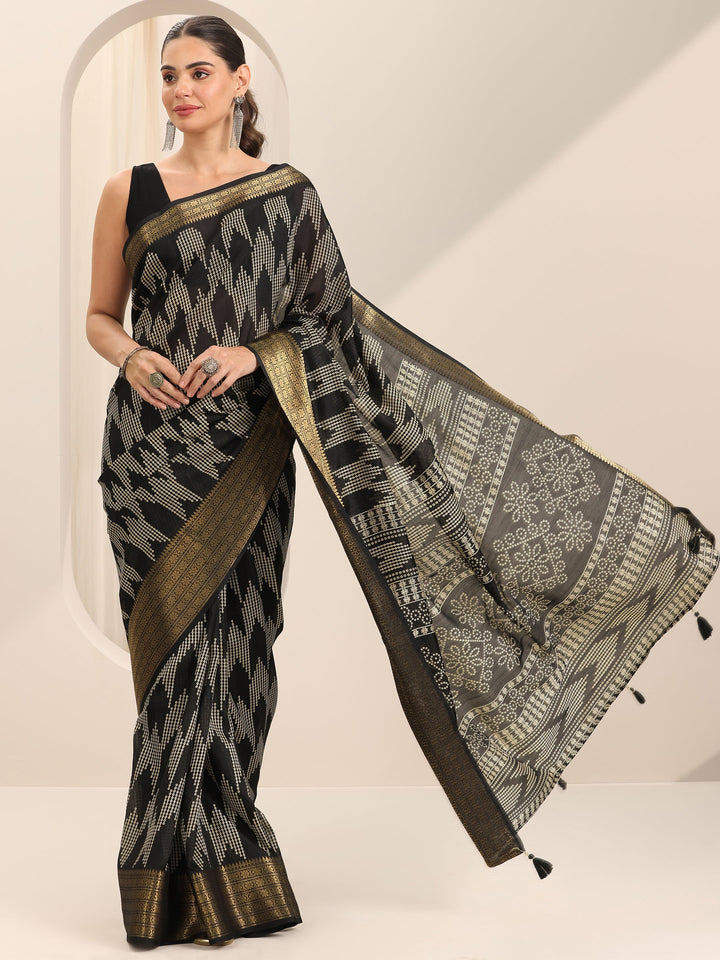 Black Printed Silk Blend Saree With Unstitched Blouse Piece