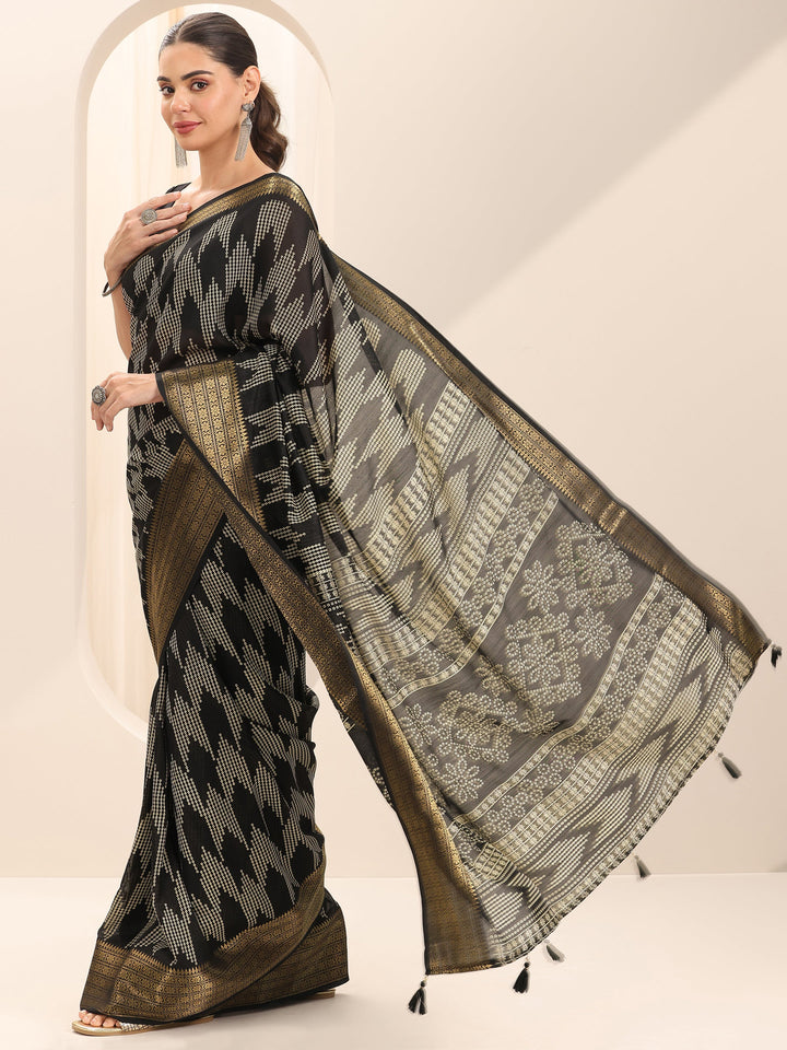 Black Printed Silk Blend Saree With Unstitched Blouse Piece