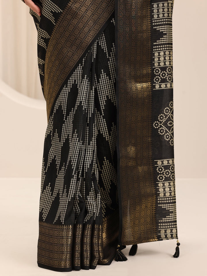 Black Printed Silk Blend Saree With Unstitched Blouse Piece